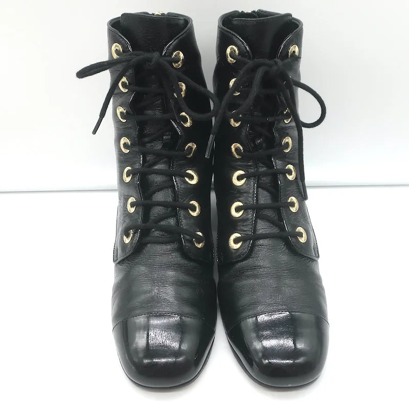 Chanel Cap Toe Combat Boots Black Leather & Patent Size 39 Lace-Up Ankle Boots